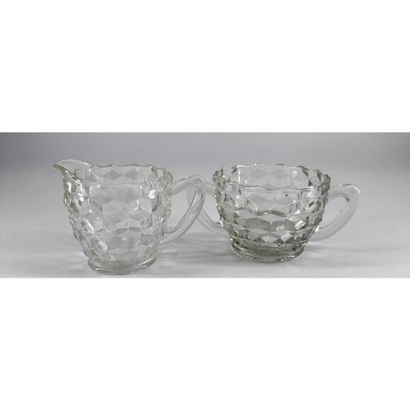 Vintage Clear Pressed Glass Creamer & Sugar Bowl Set – Diamond Pattern - Picture 2 of 8